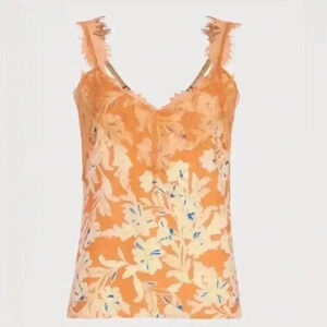 Sam Edelman Palmer Lace Accent Tank Top Apricot Orange Floral Large NWT